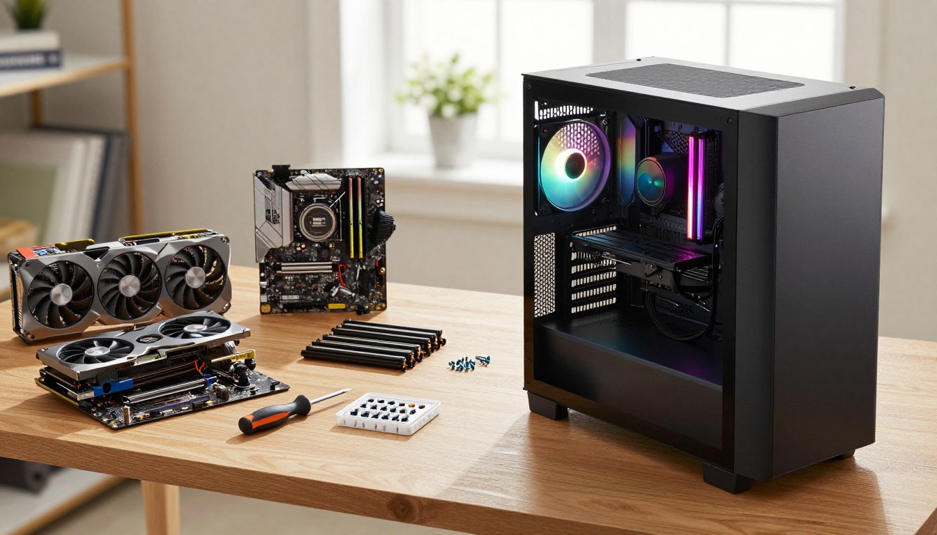 Prebuilt gaming PC and selected parts ready for assembly